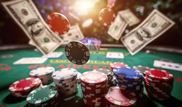 Live casino dealer at blackjack table with cards and chips